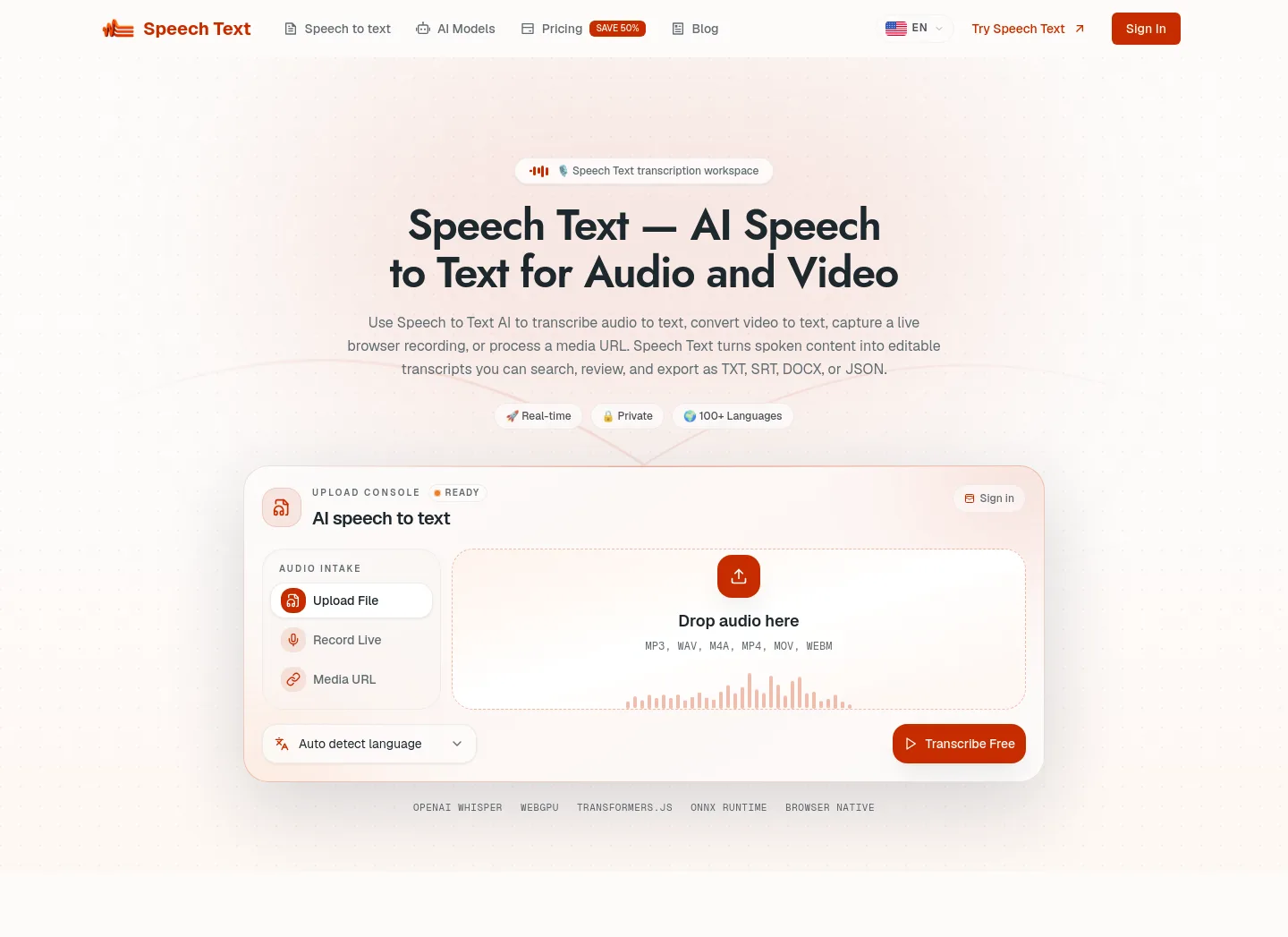 speechtext.co — a measured funnel