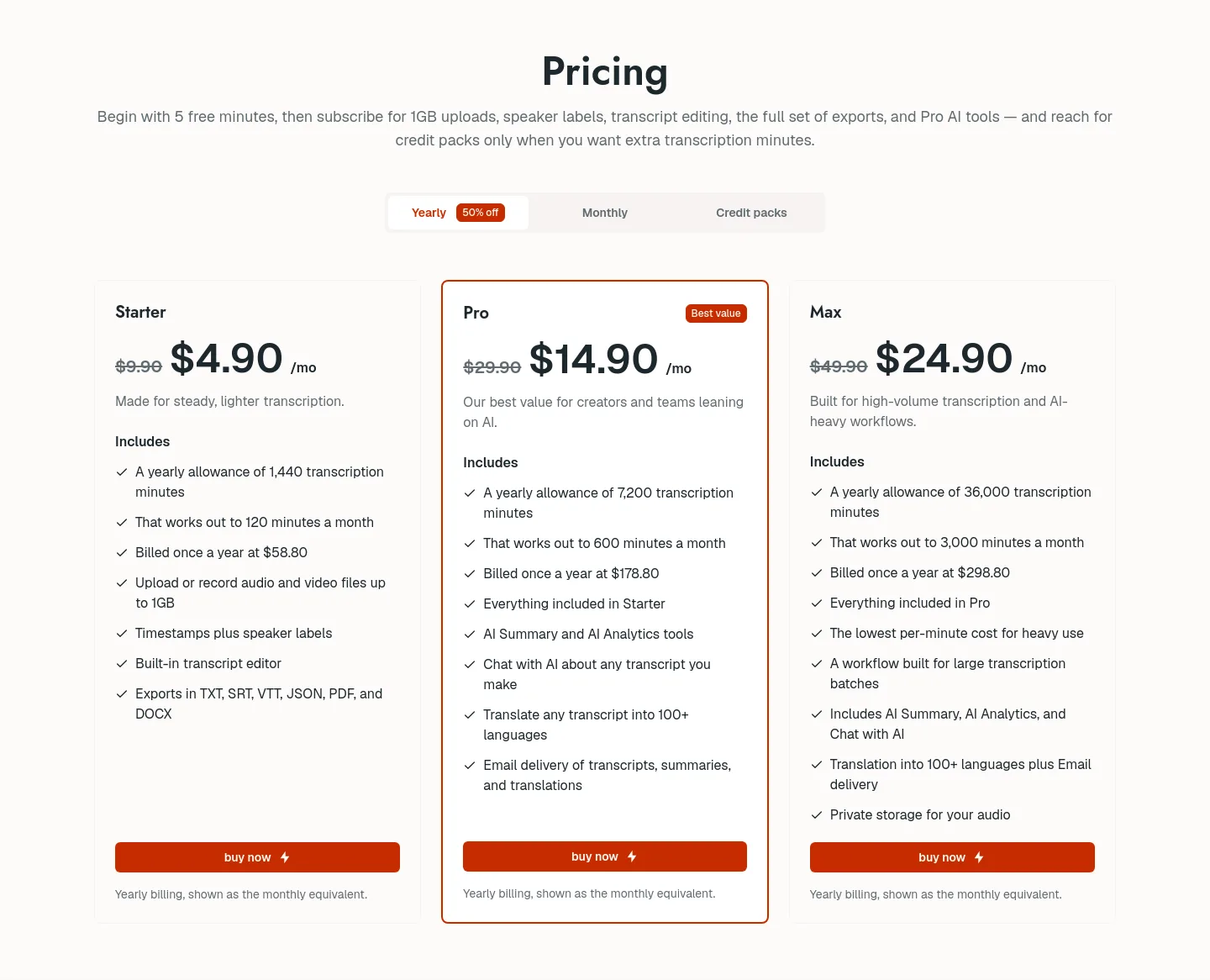 speechtext.co Pricing section