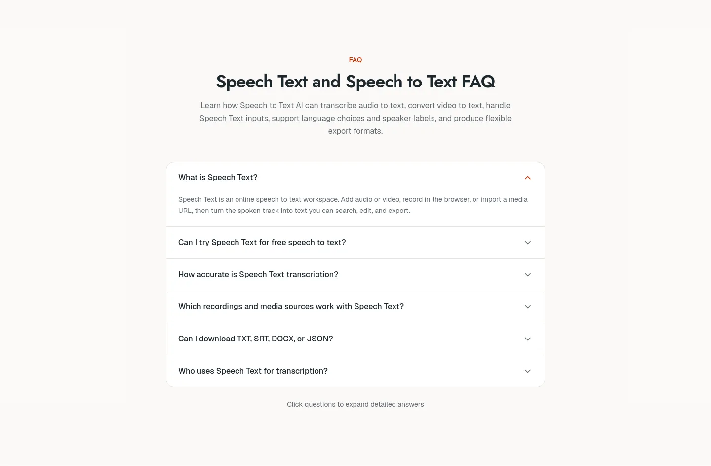speechtext.co — a real FAQ section