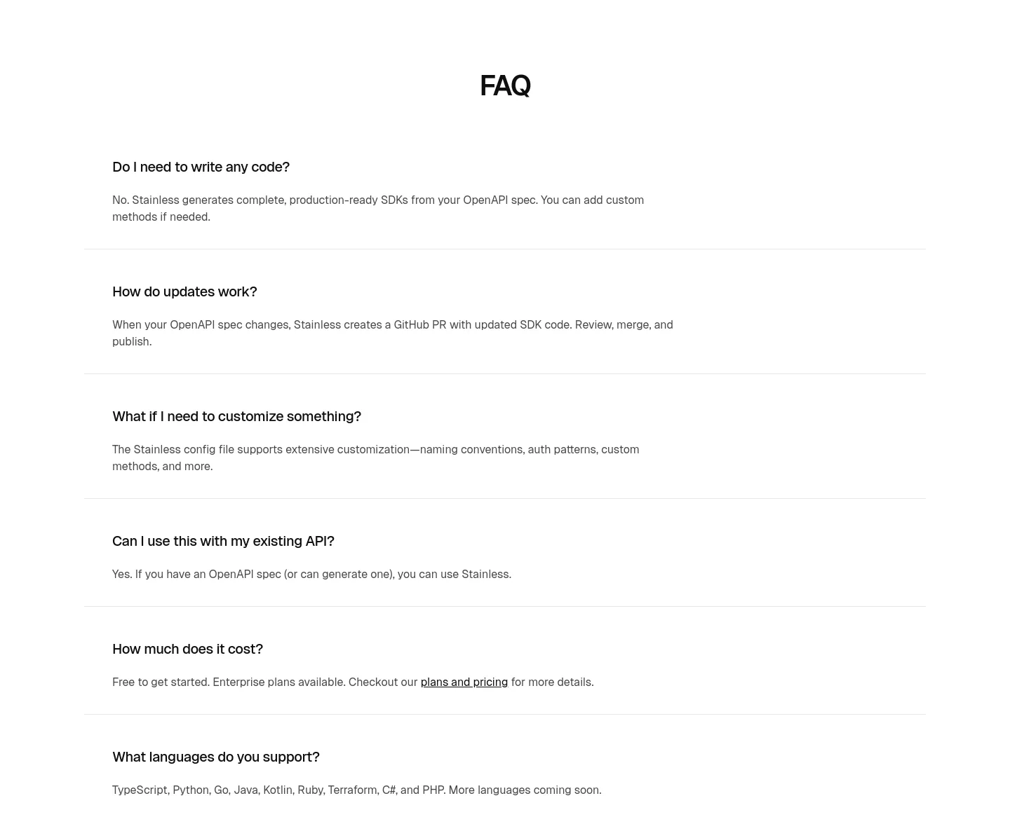 stainless.com FAQ section