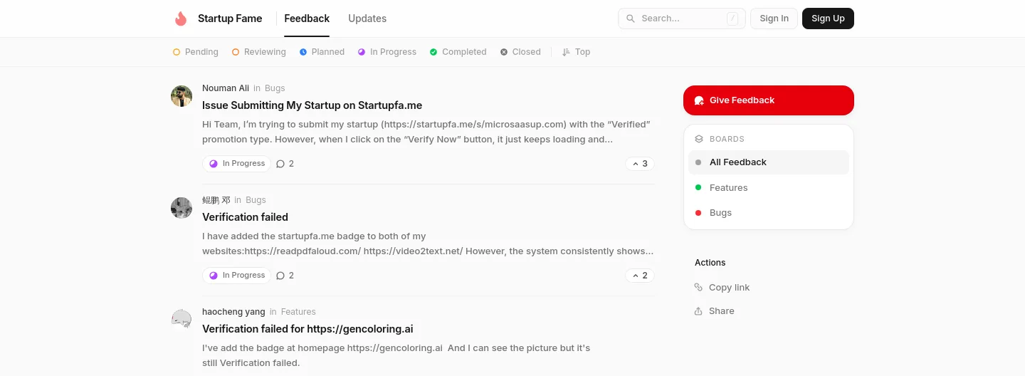 startupfame.userjot.com — a measured funnel