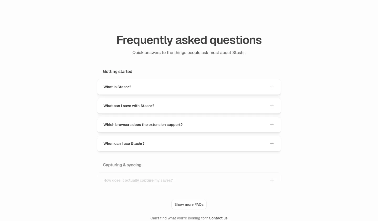 stashr.me FAQ section