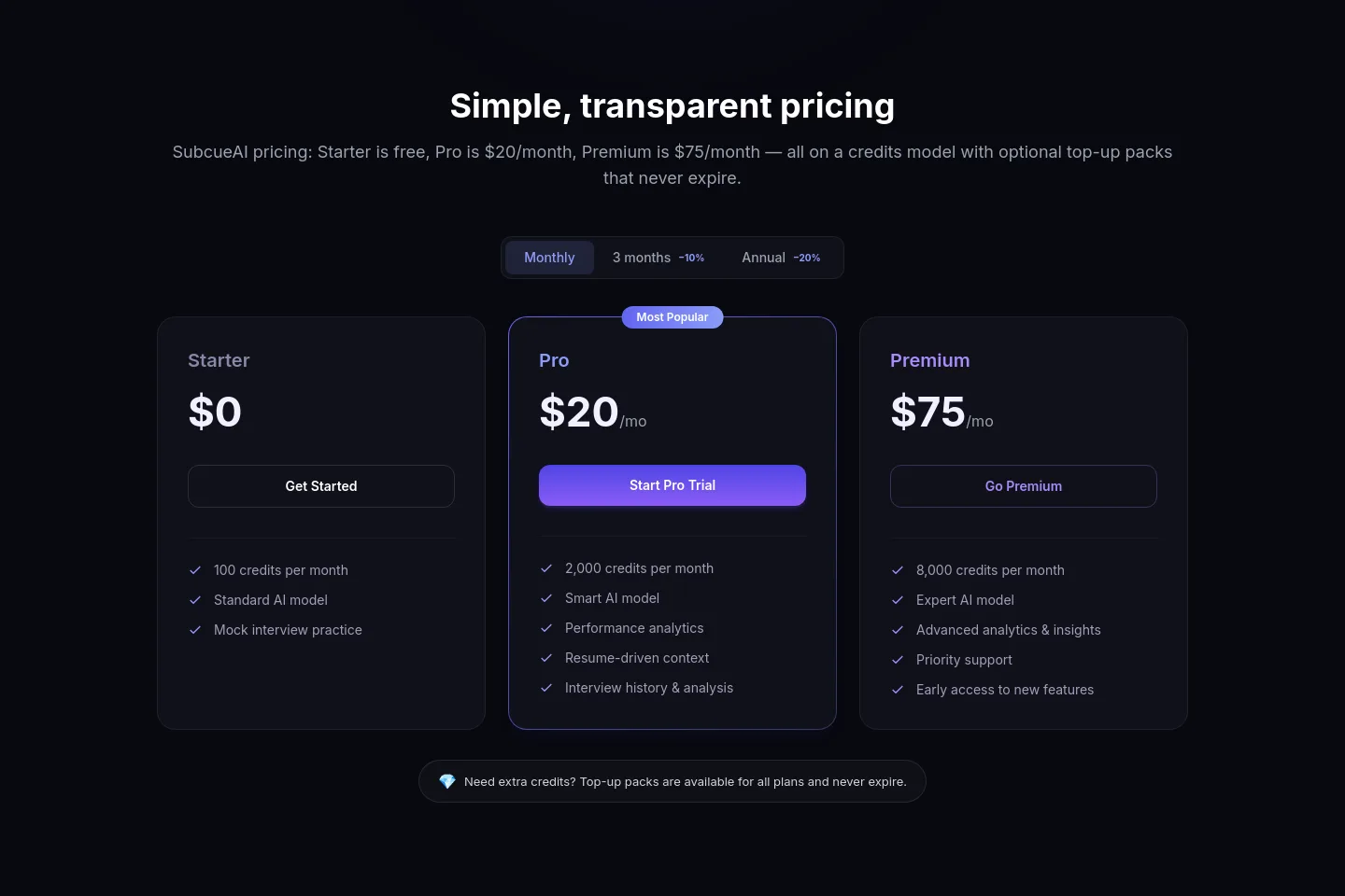 subcue.ai — a real Pricing section