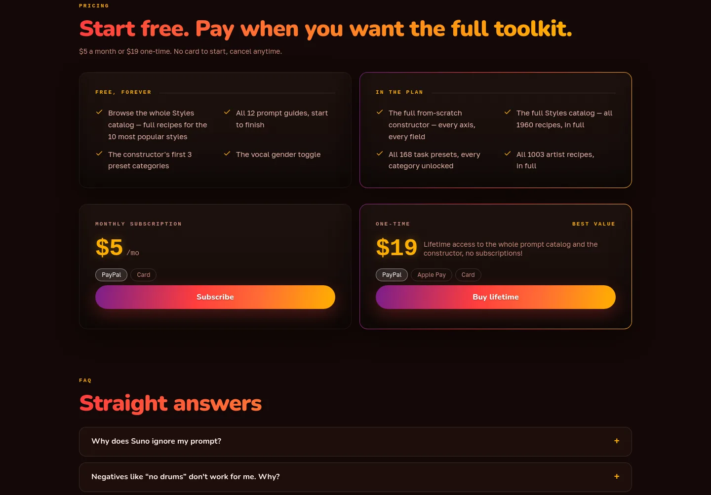 sunomarket.com Pricing section