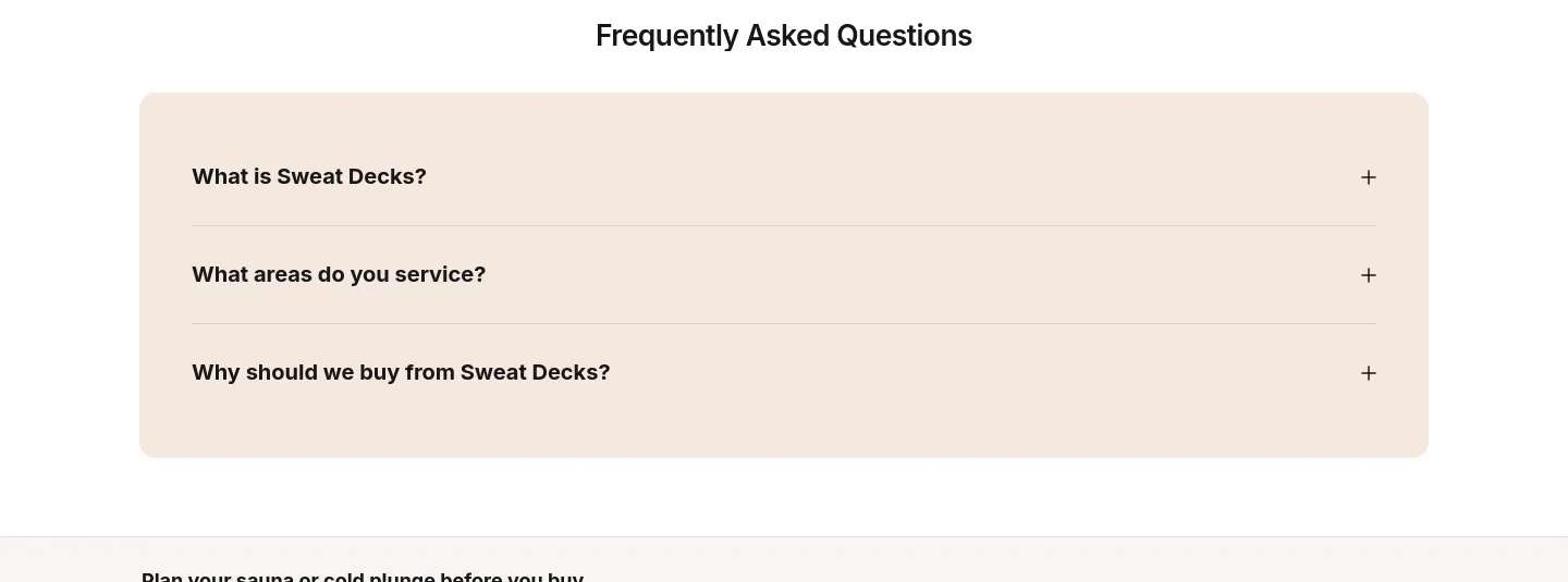 sweatdecks.com — a real FAQ section