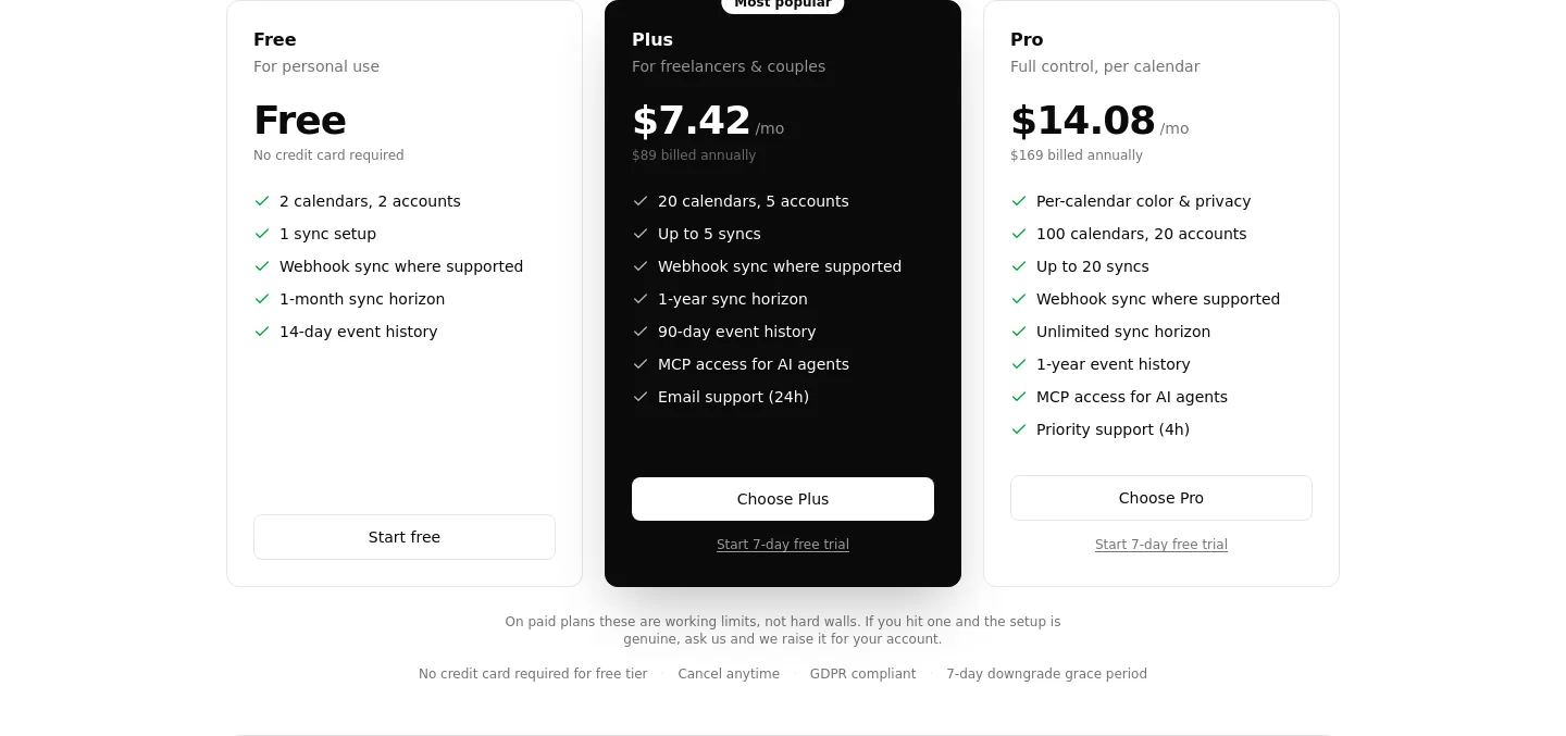 syncdate.app — a real Pricing section