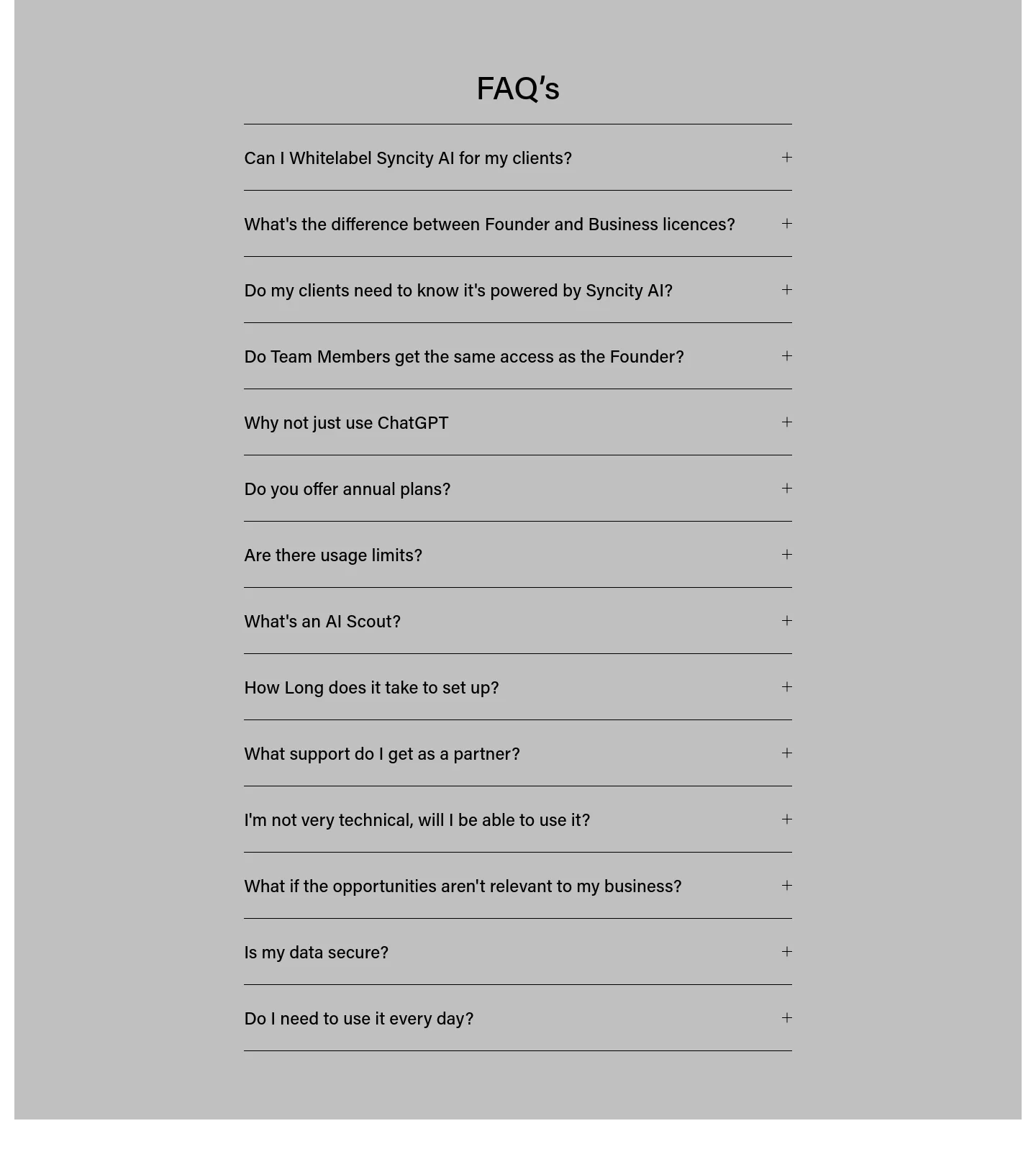syncityai.co.uk — a real FAQ section