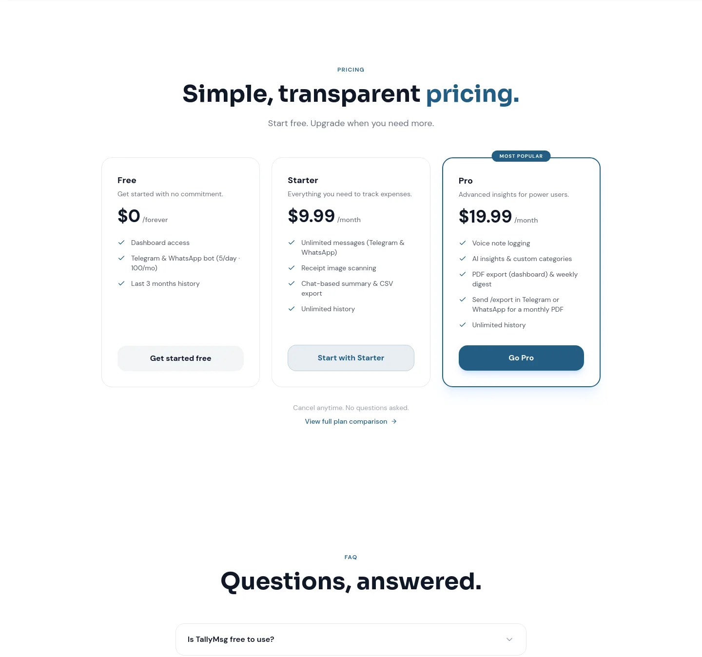 tallymsg.app Pricing section