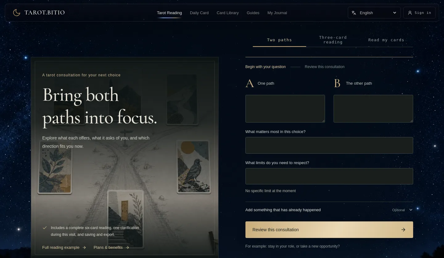 tarot.bitio.ai — a measured funnel