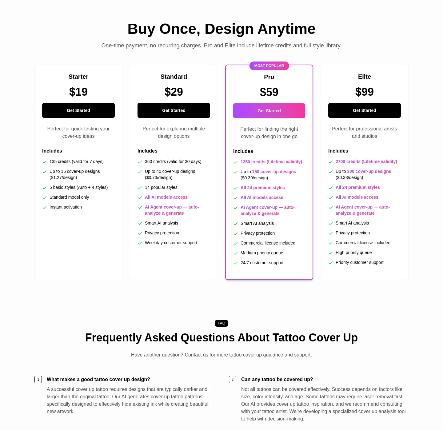 tattoocoverup.ai Pricing section