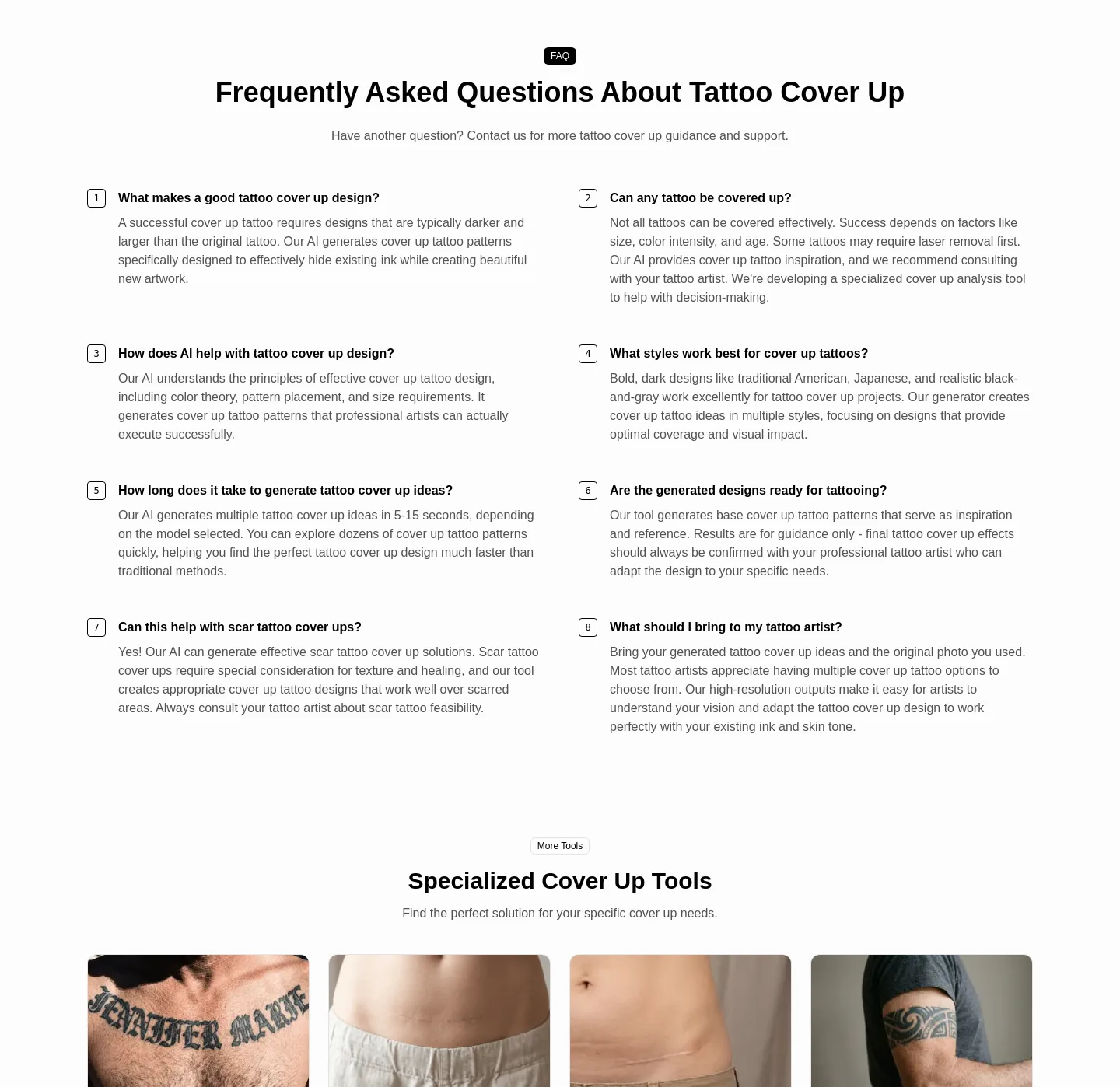 tattoocoverup.ai — a real FAQ section