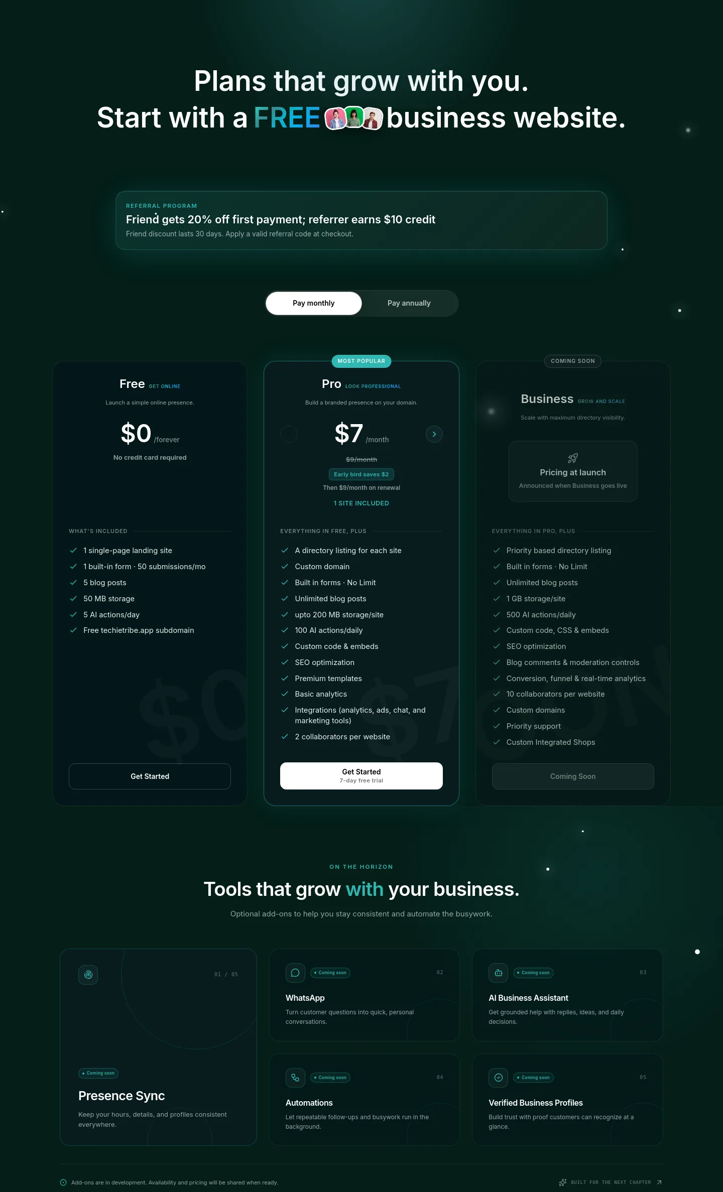 techietribe.ai — a real Pricing section