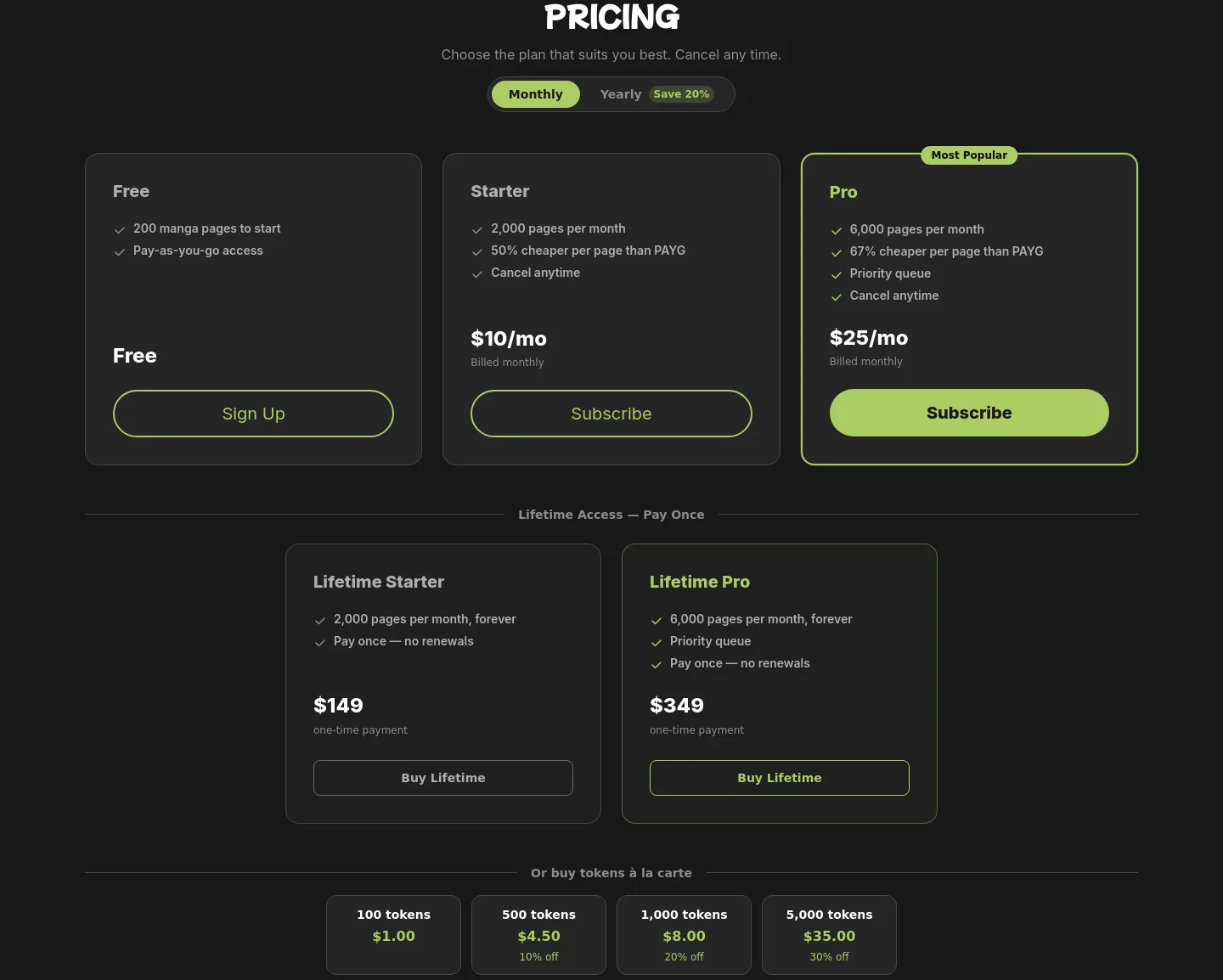 tenjin.art — a real Pricing section