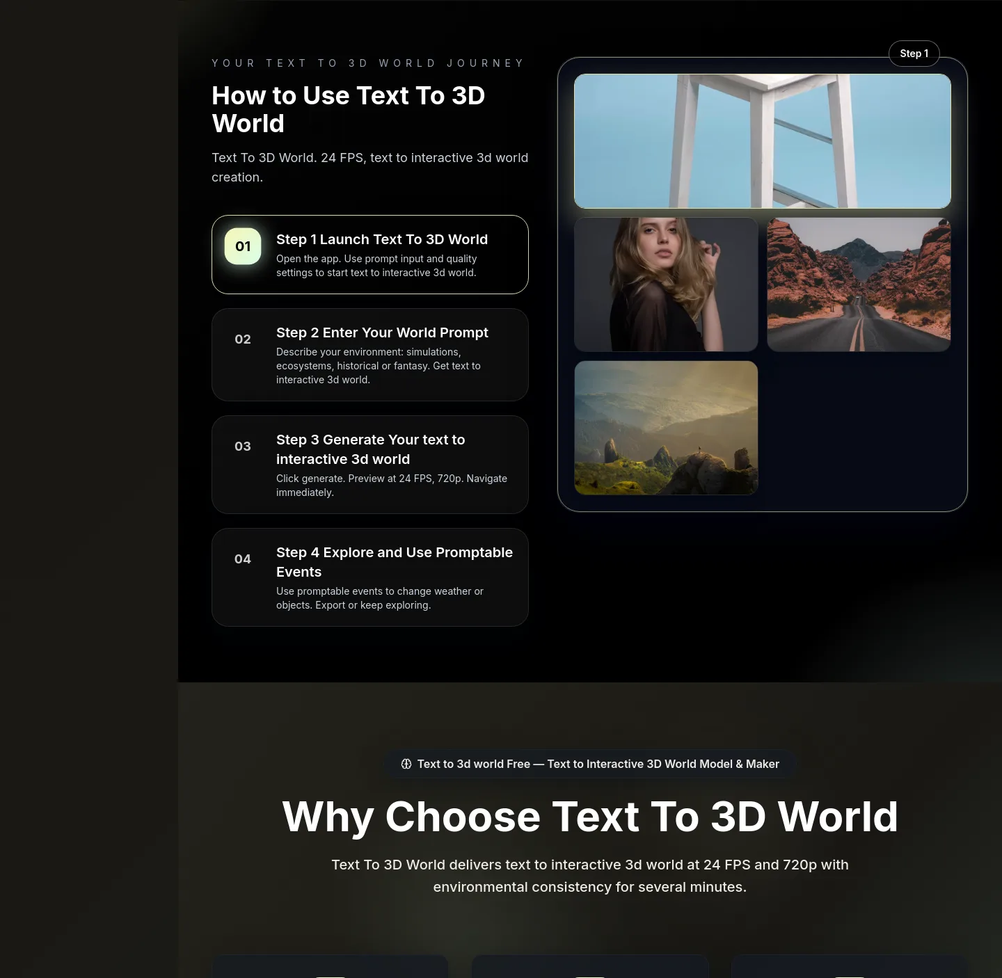 textto3dworld.org — a real Features section