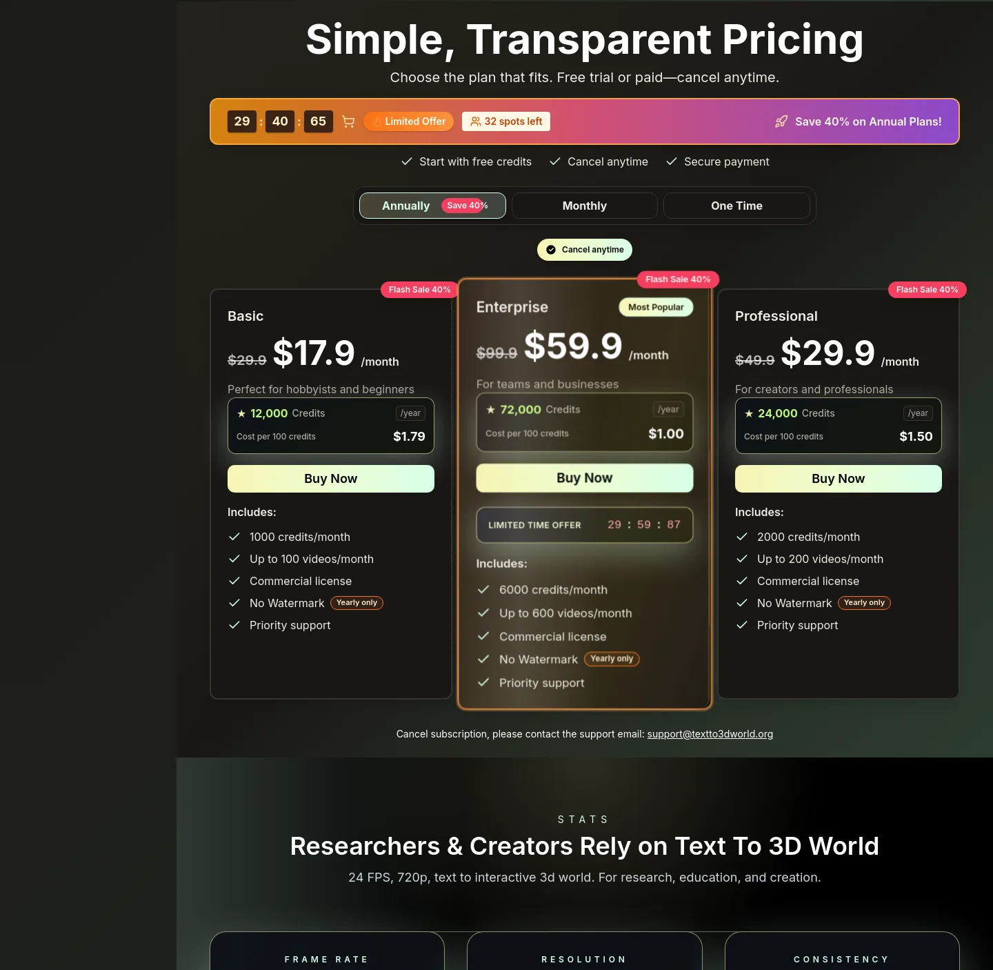 textto3dworld.org Pricing section