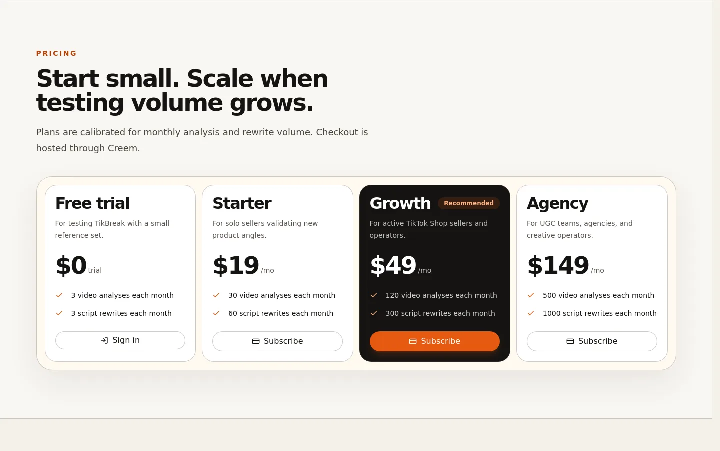 tikbreak.com Pricing section
