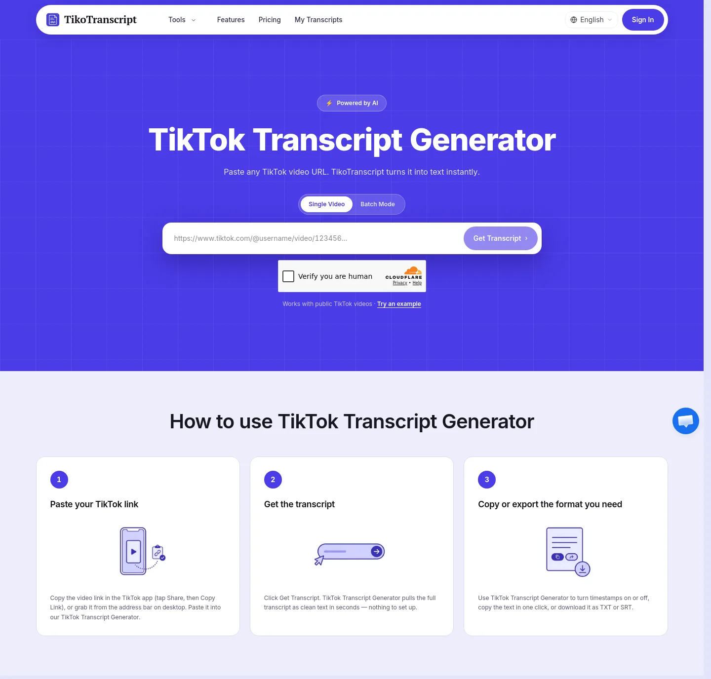 tikotranscript.com — a measured funnel