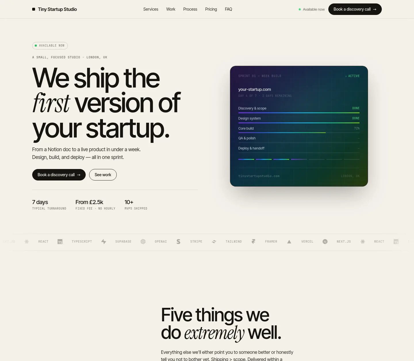 tinystartupstudio.com — a measured funnel