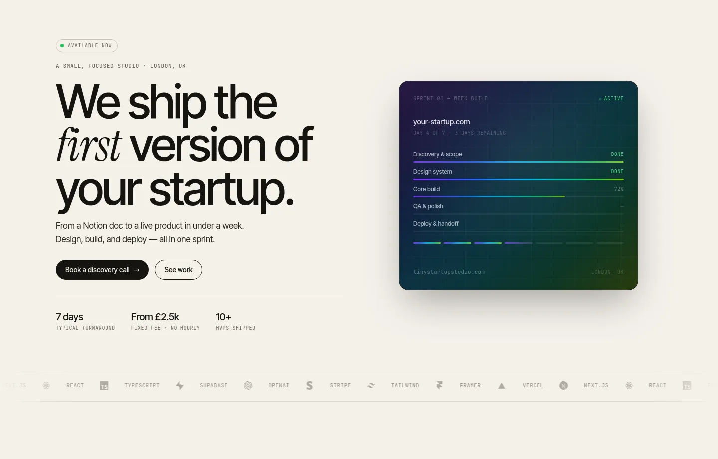 tinystartupstudio.com Hero section