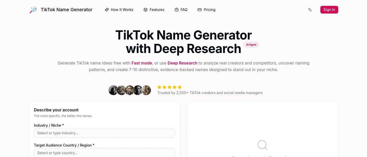 tknamegenerator.com Hero section