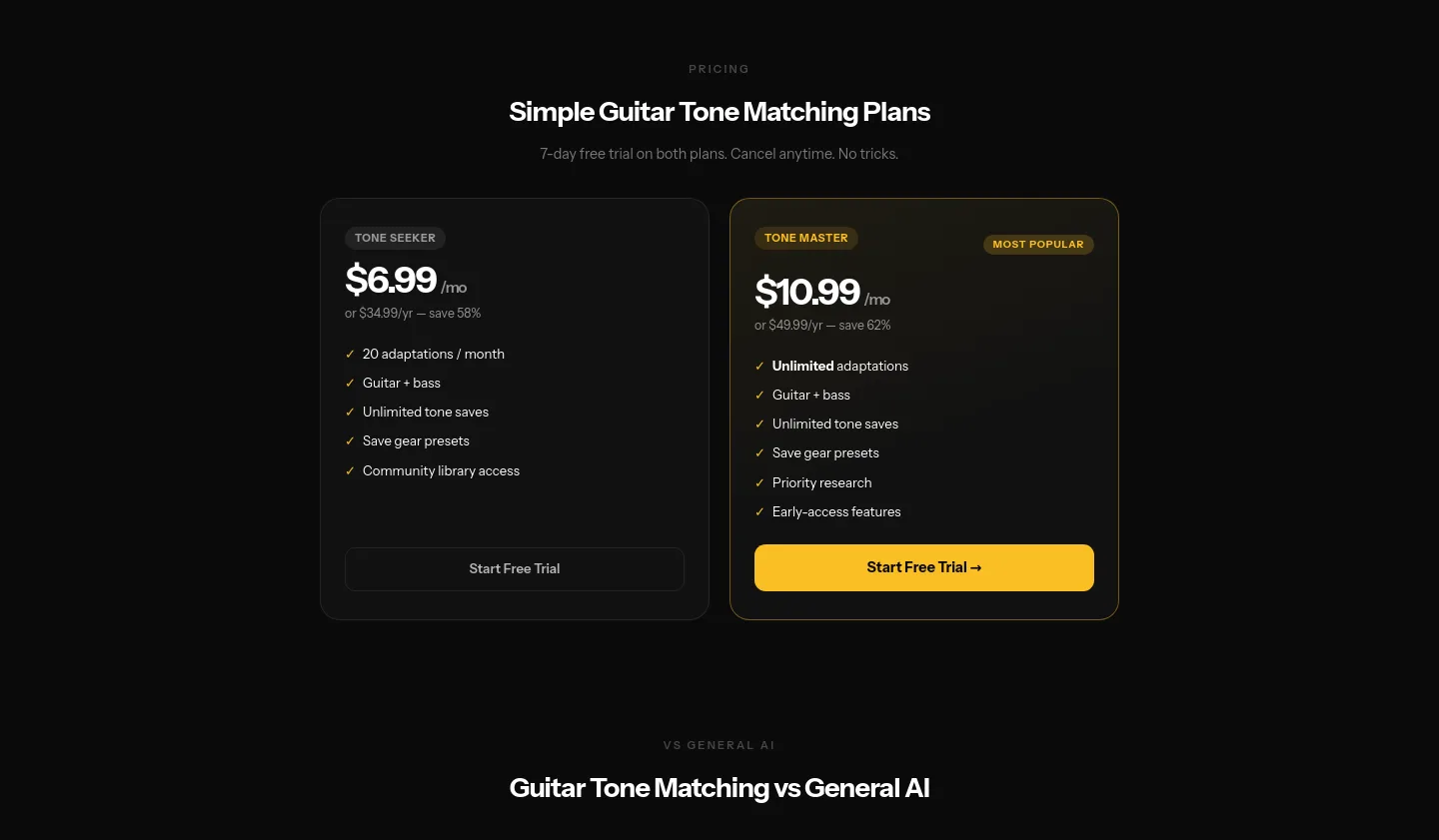 tonesmatch.com — a real Pricing section