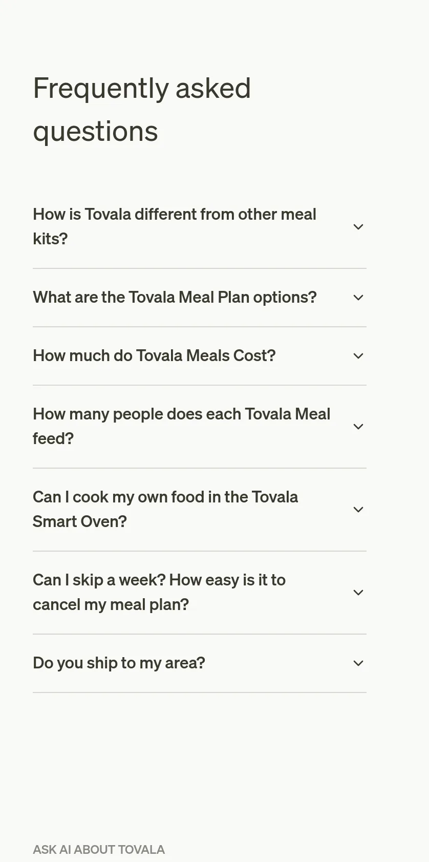 tovala.com — a real FAQ section