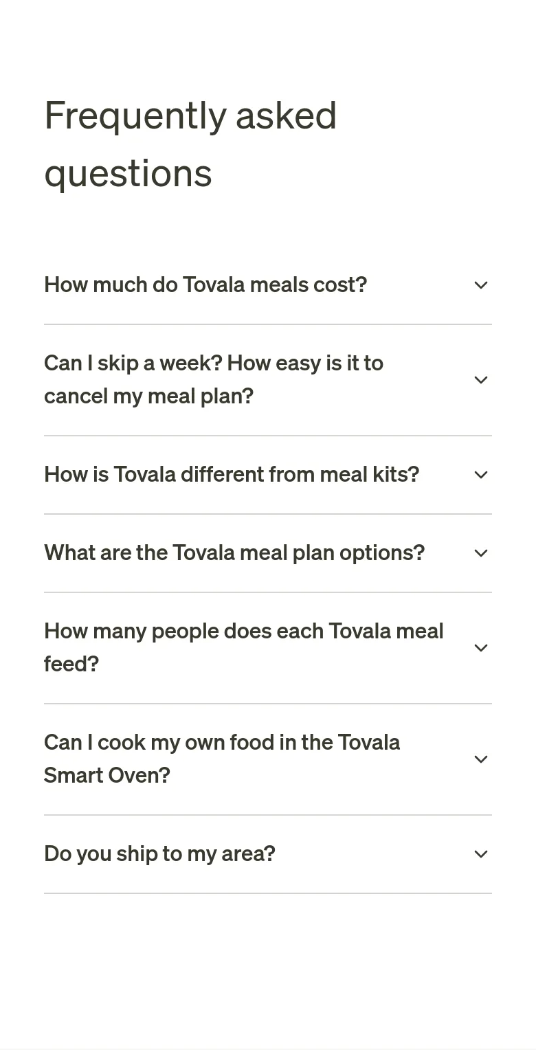 tovala.com FAQ section