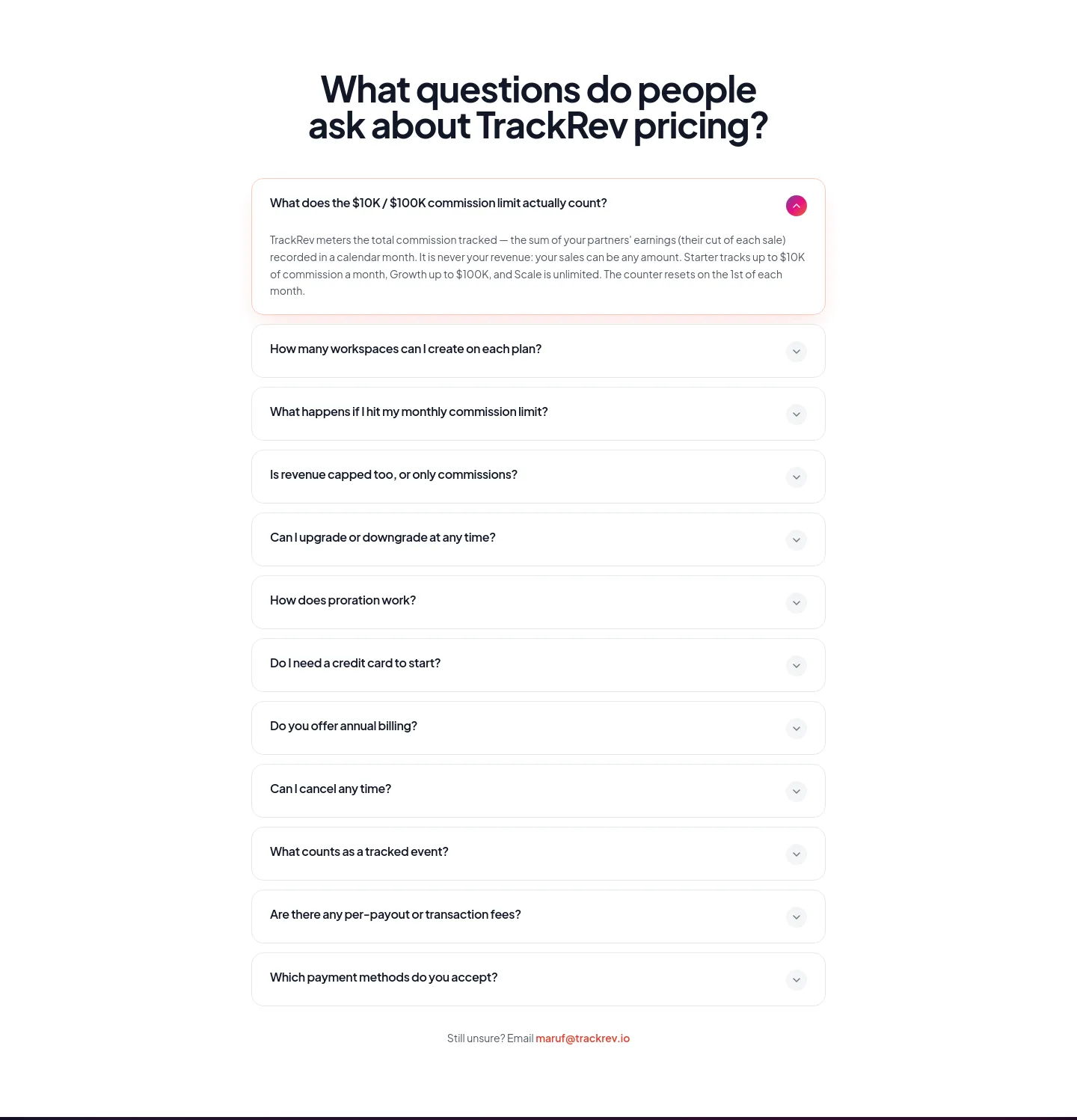 trackrev.io FAQ section