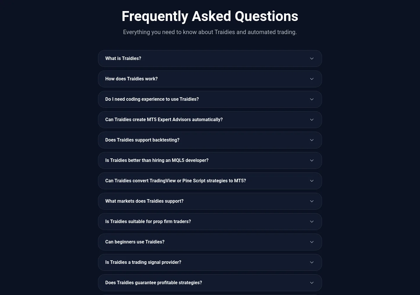 traidies.com — a real FAQ section