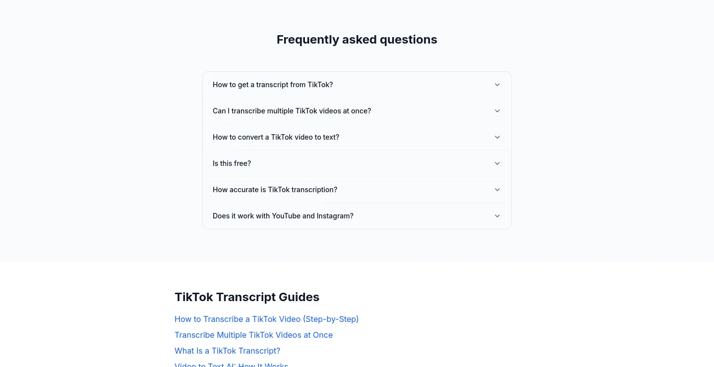 transcribevideo.ai — a real FAQ section
