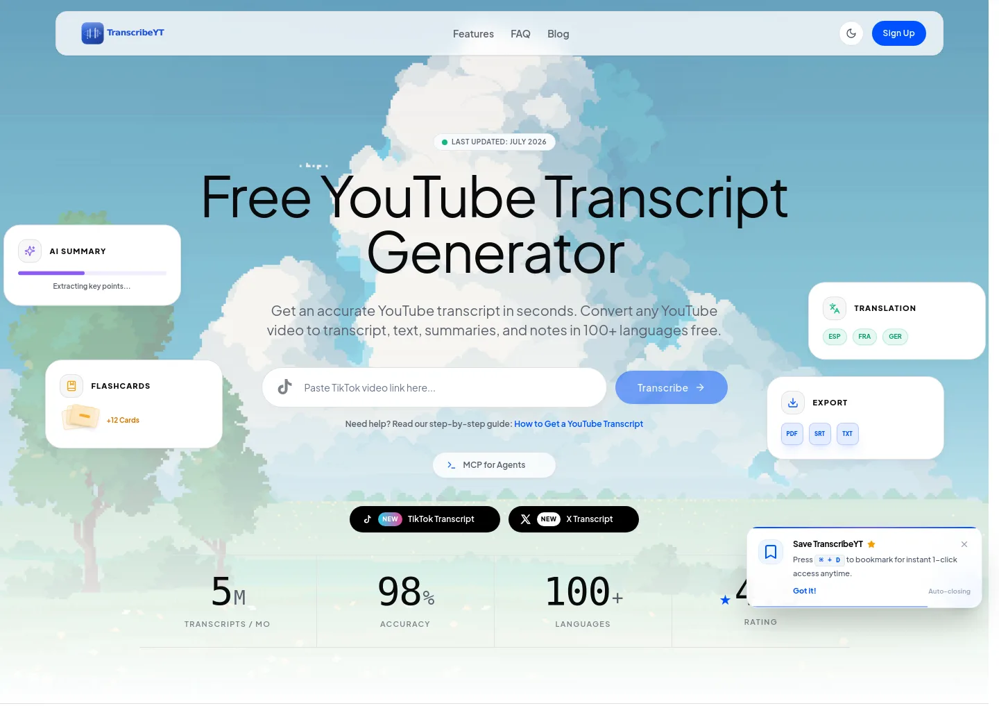 transcribeyt.com — a measured funnel