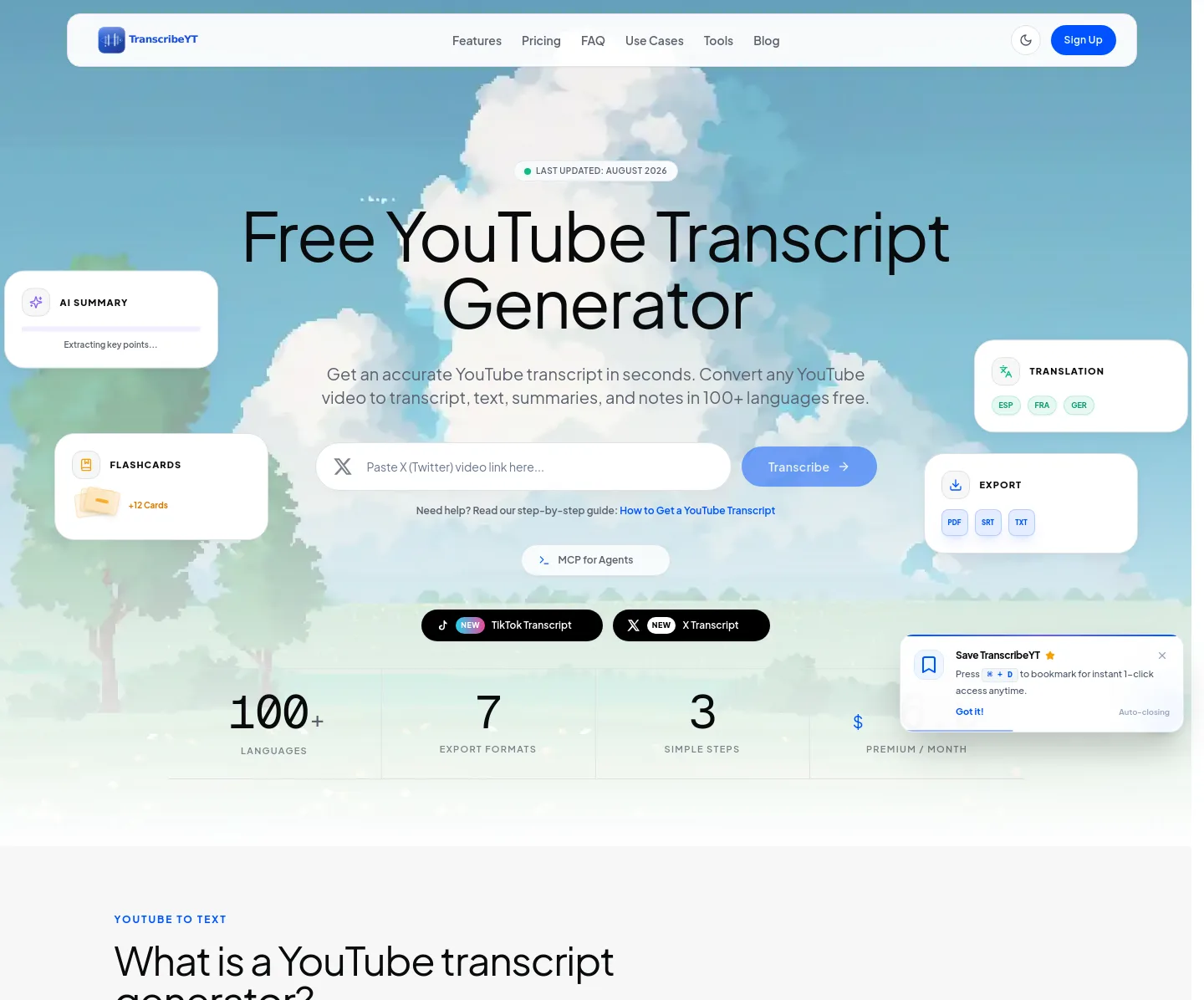 transcribeyt.com — a measured funnel