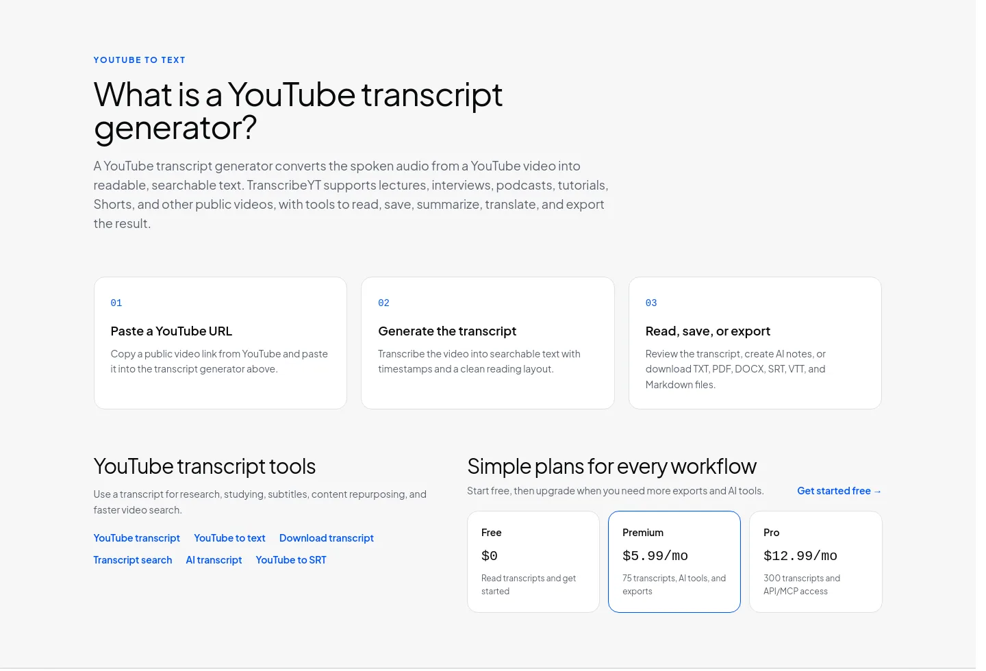 transcribeyt.com — Features
