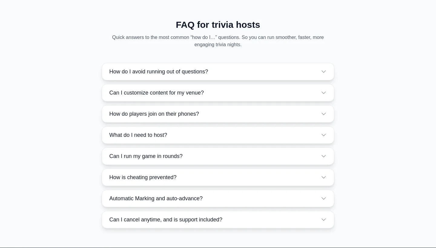 triviaflow.io — a real FAQ section