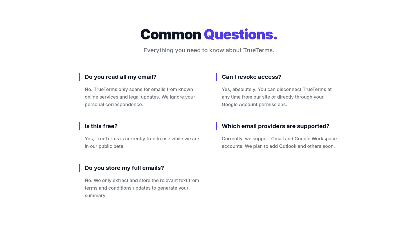 trueterms.ai — a real FAQ section