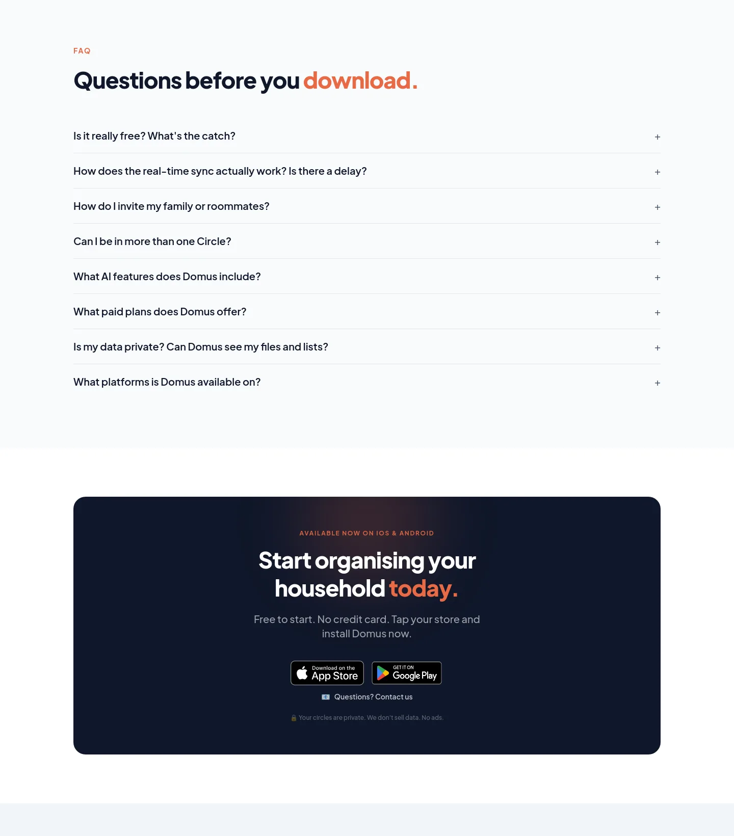 trydomus.app — a real FAQ section