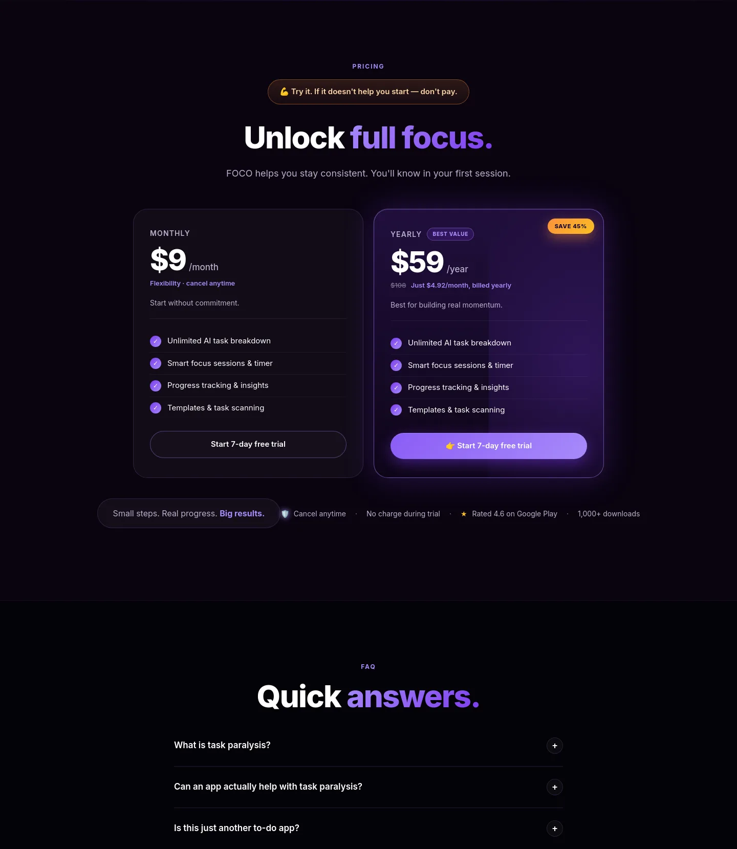 tryfoco.com — a real Pricing section