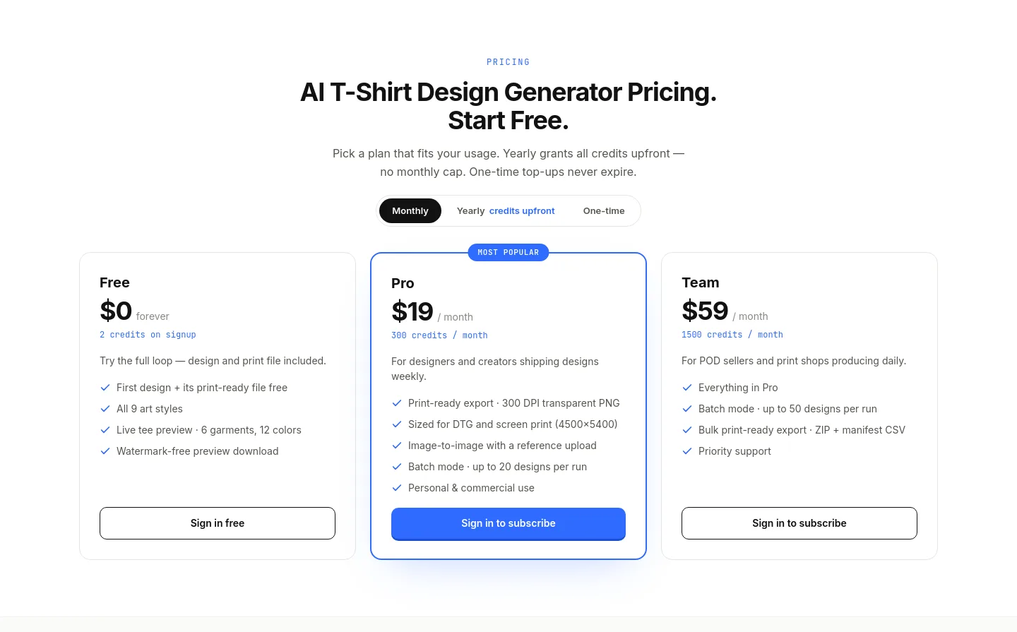 tshirtdesignai.com — a real Pricing section