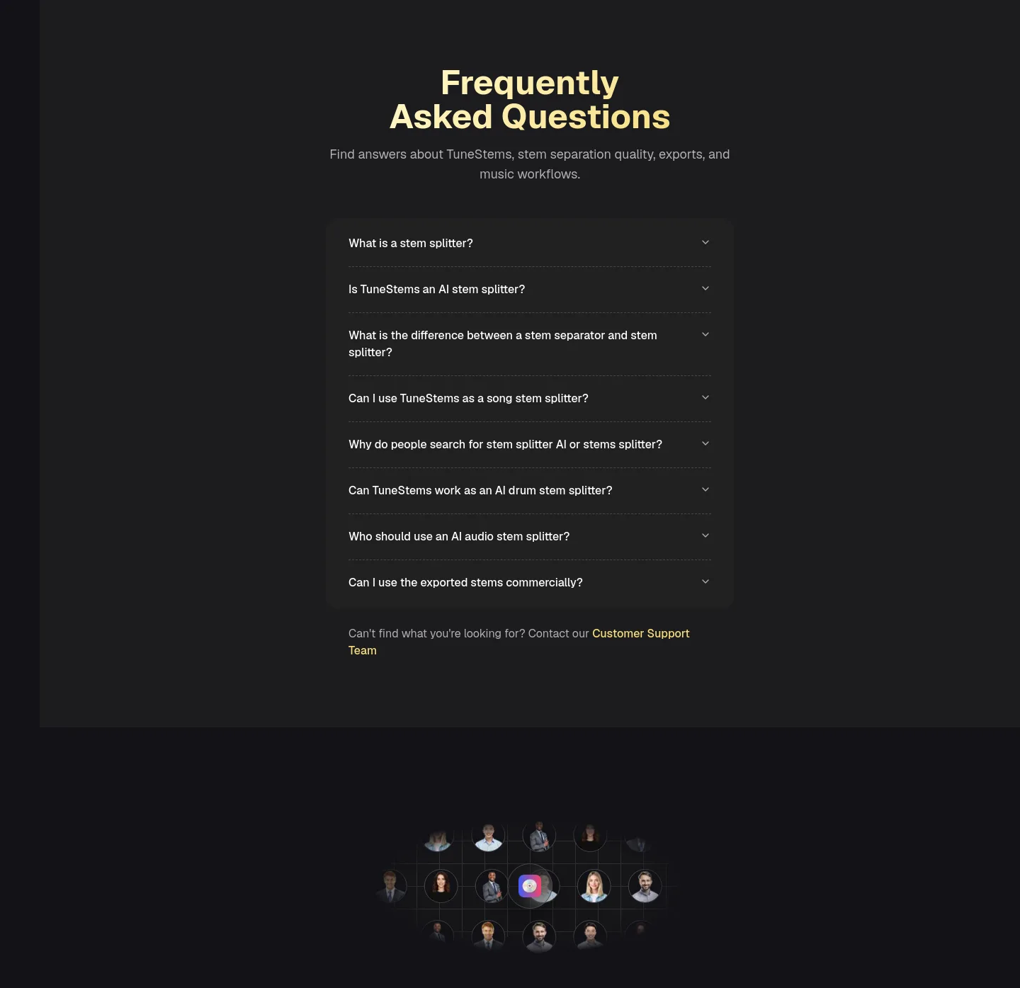 tunestems.com — a real FAQ section