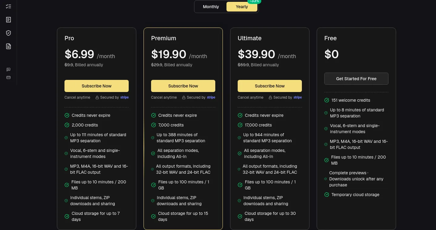 tunestems.com — a real Pricing section