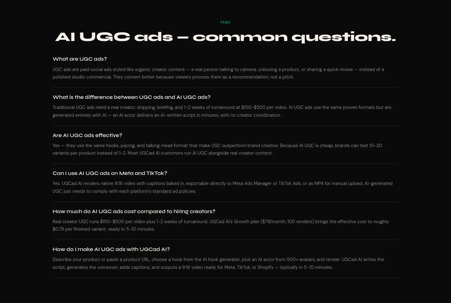 ugcad.ai — a real FAQ section