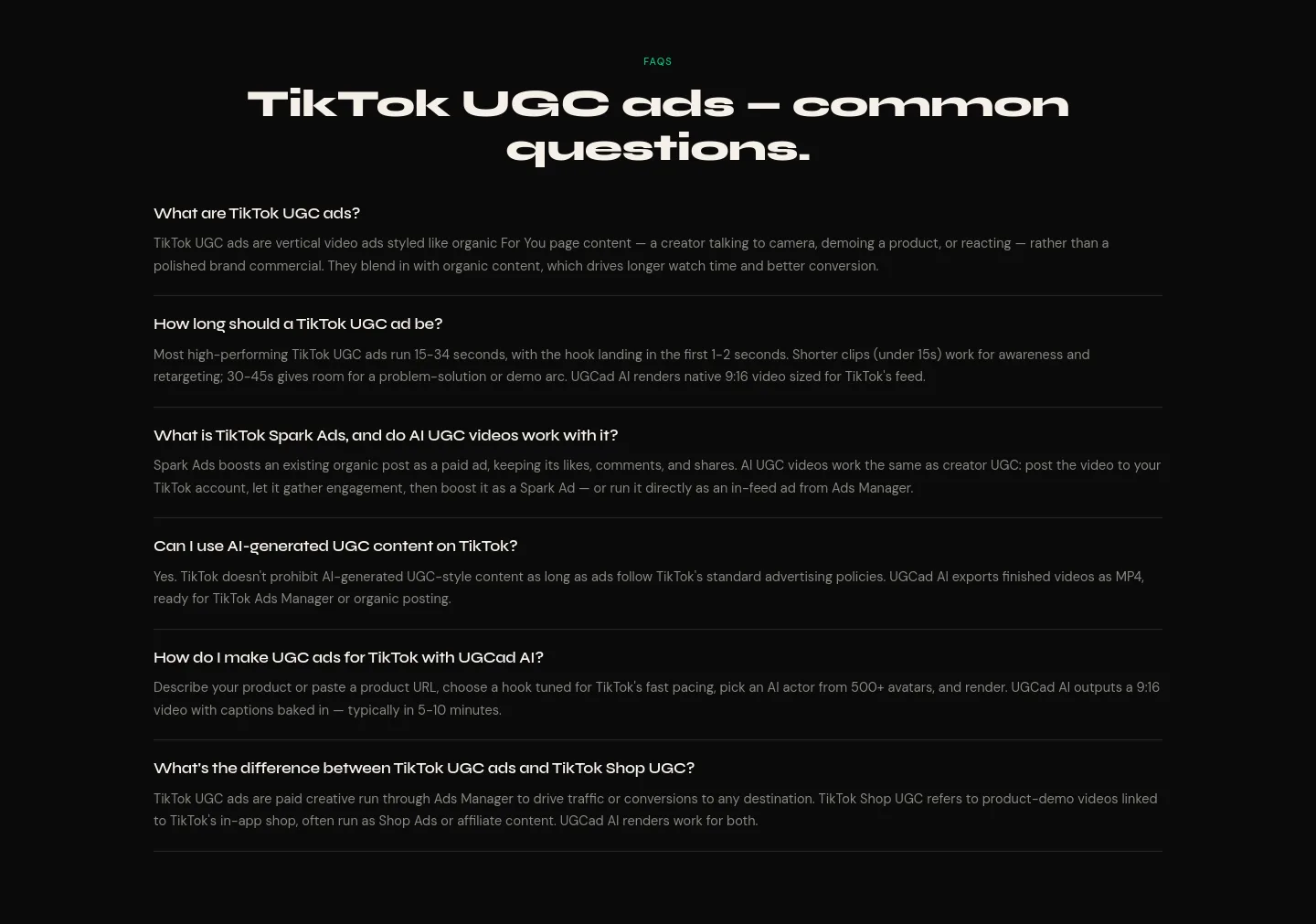 ugcad.ai — a real FAQ section
