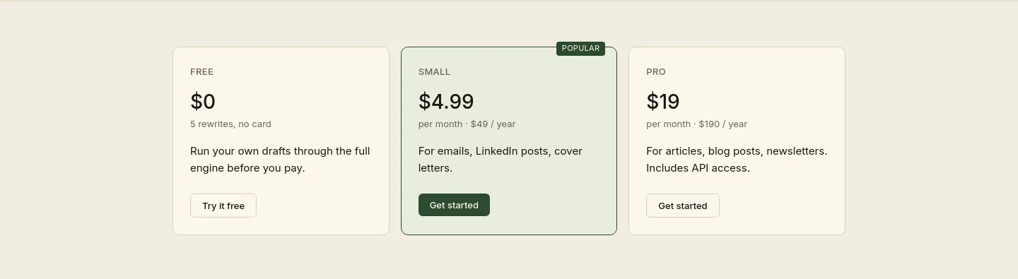 unslopai.com — a real Pricing section