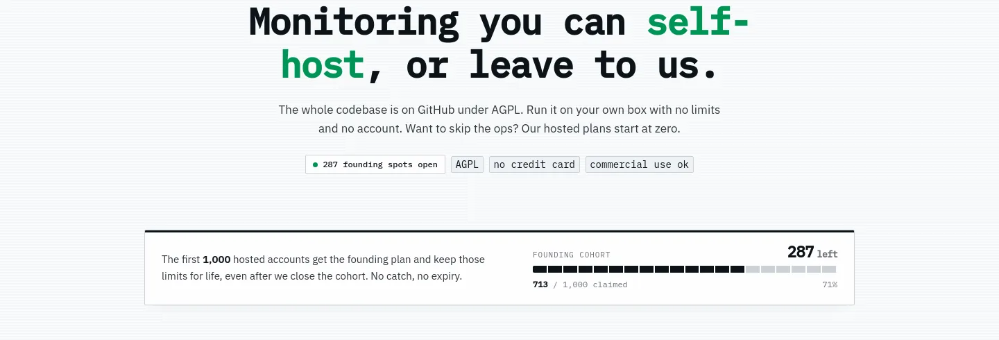 uptimepage.dev Hero section