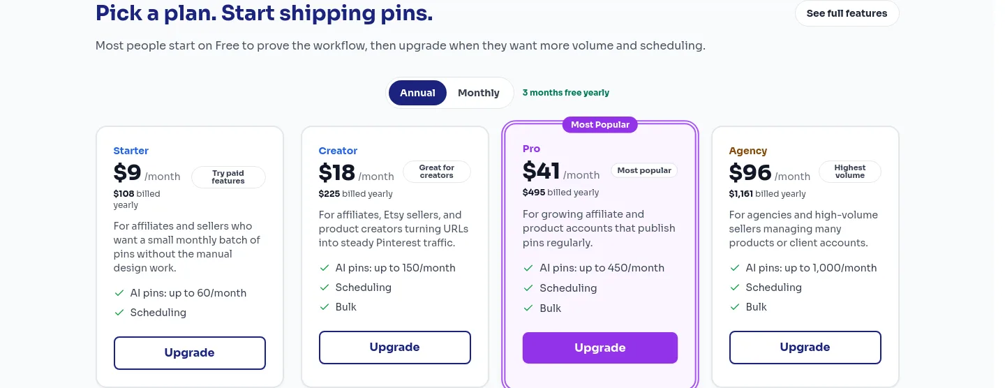 url2pin.com Pricing section