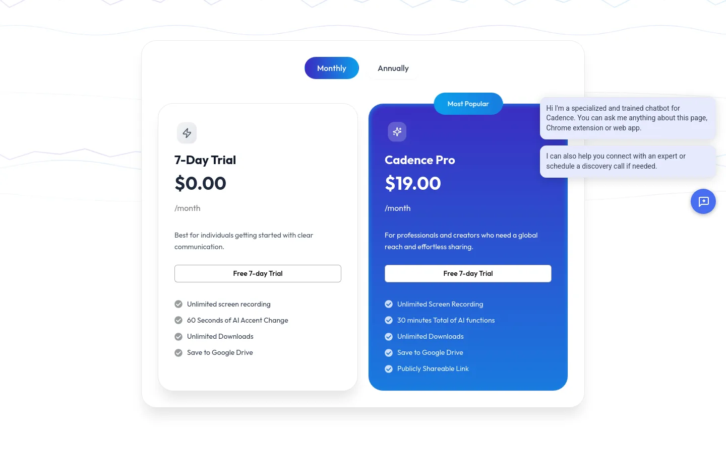 usecadence.co — a real Pricing section