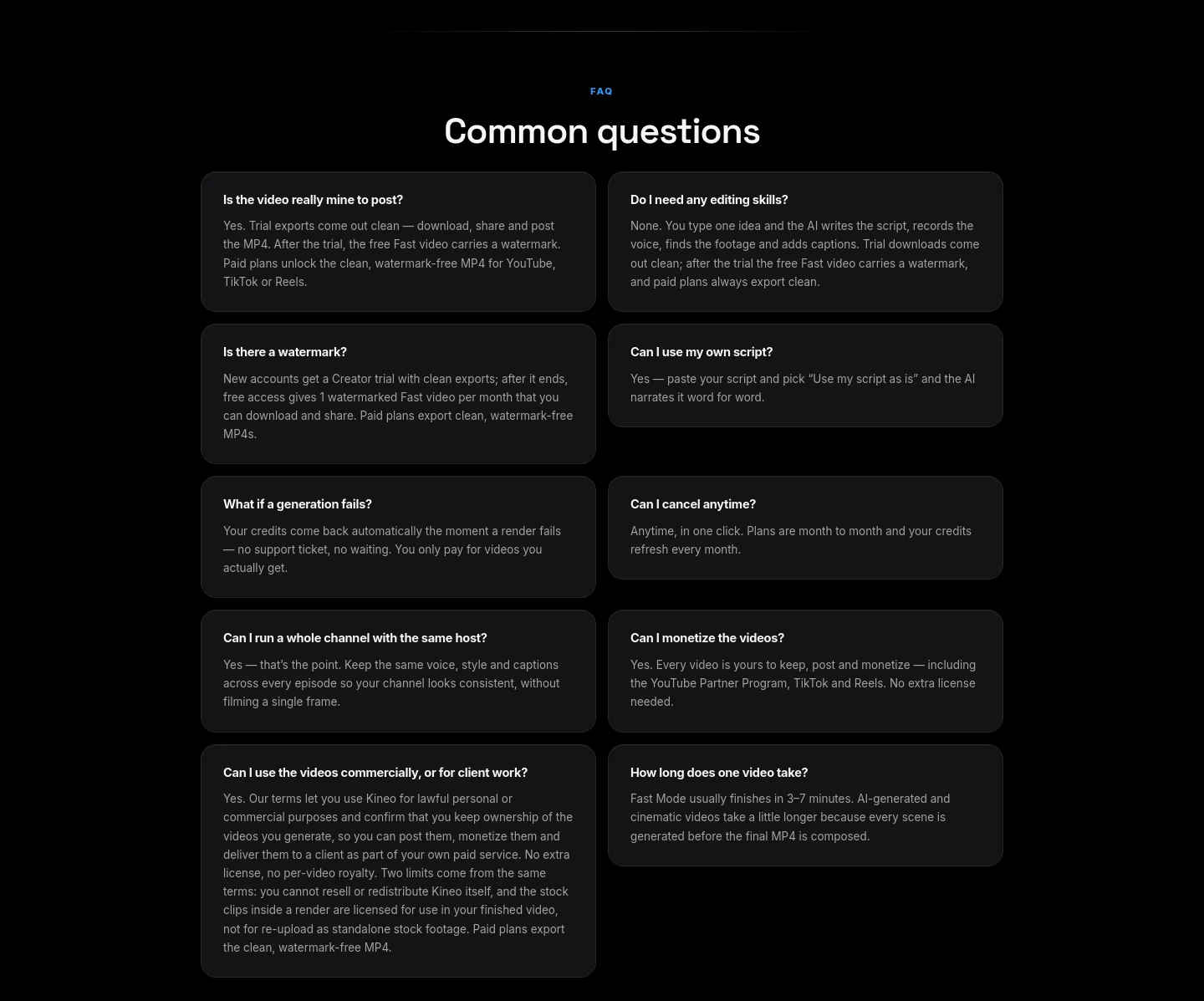 usekineo.com — a real FAQ section