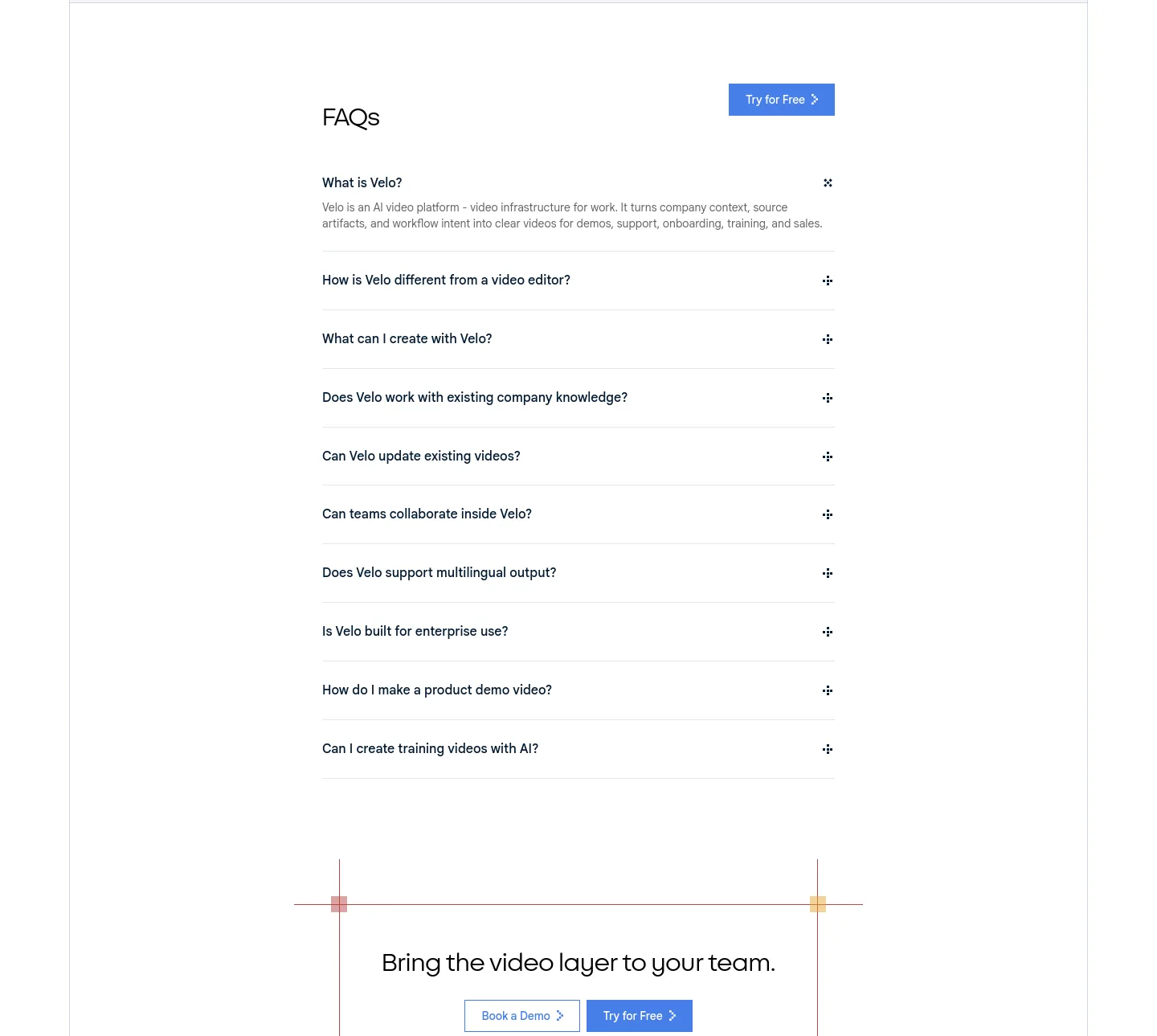 usevelo.ai — a real FAQ section