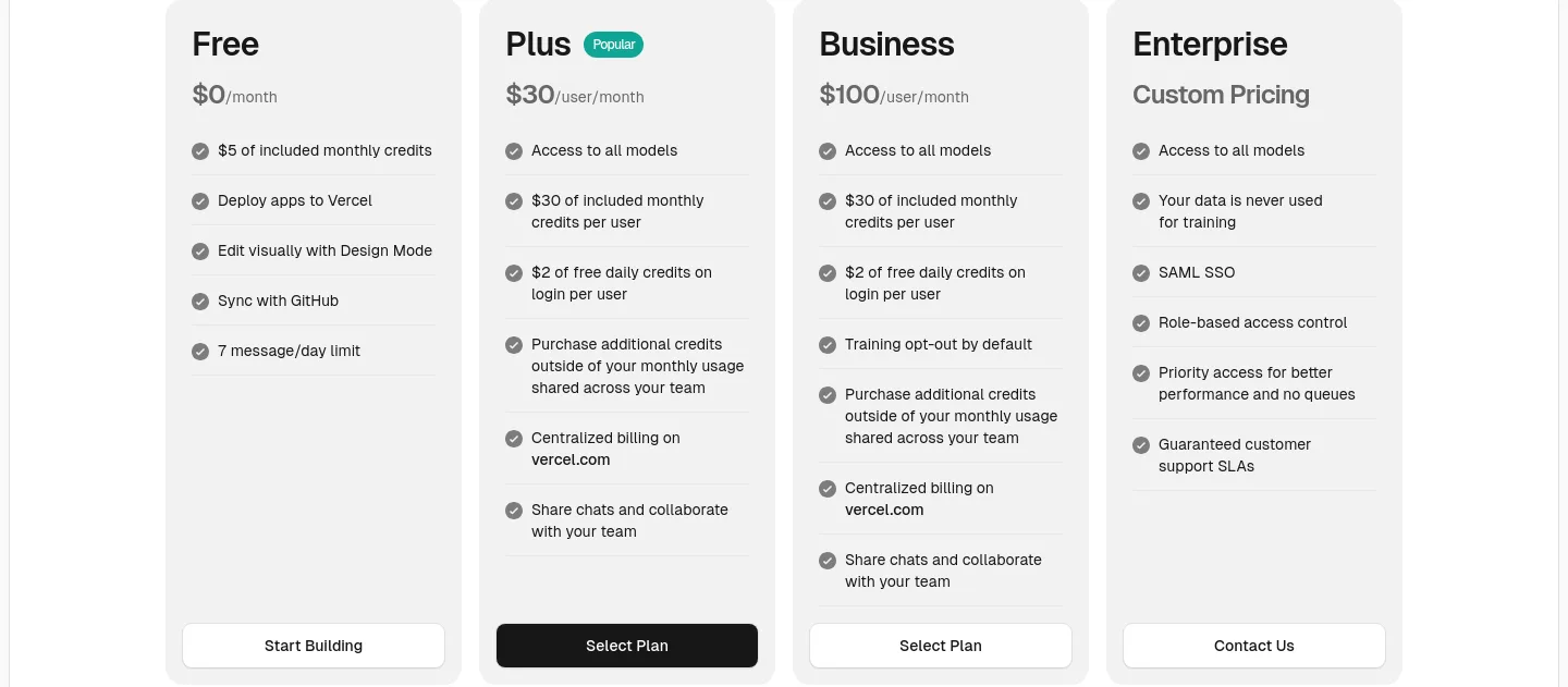 v0.app Pricing section