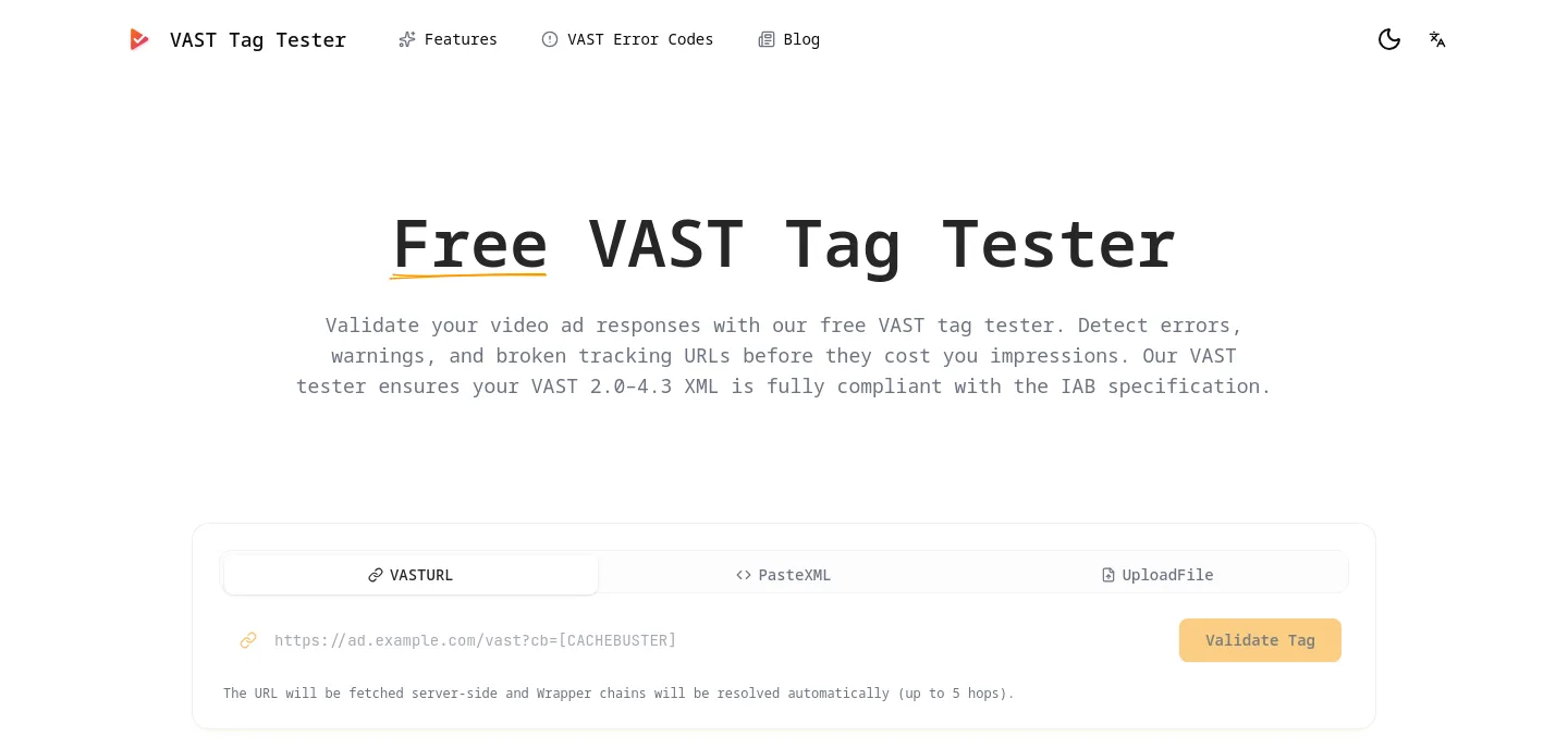vast-tag-tester.online Hero section